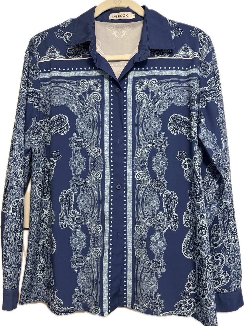 Navy and Light Blue Paisley Button-Down Blouse